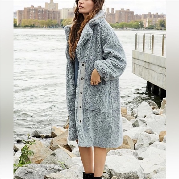 Free People Jackets & Blazers - Free People Blue Tessa Teddy Longline Faux Sherpa Fur Trench Coat